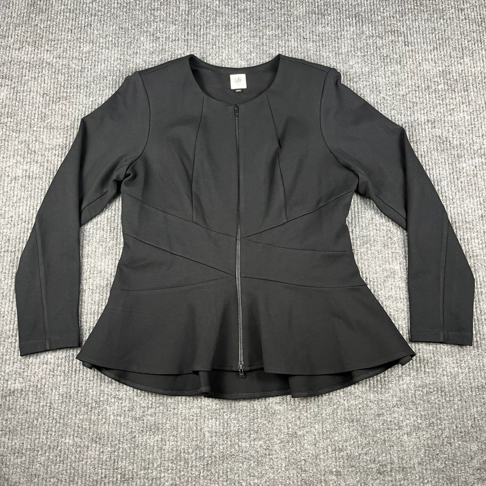 CAbi Peplum Jacket Womens L Black Zip Front Ponte Knit style 5850 Career Blazer